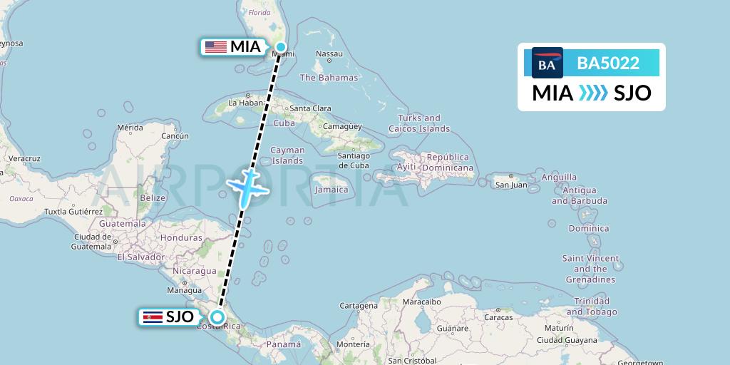 BA5022 British Airways Flight Map: Miami to San Jose