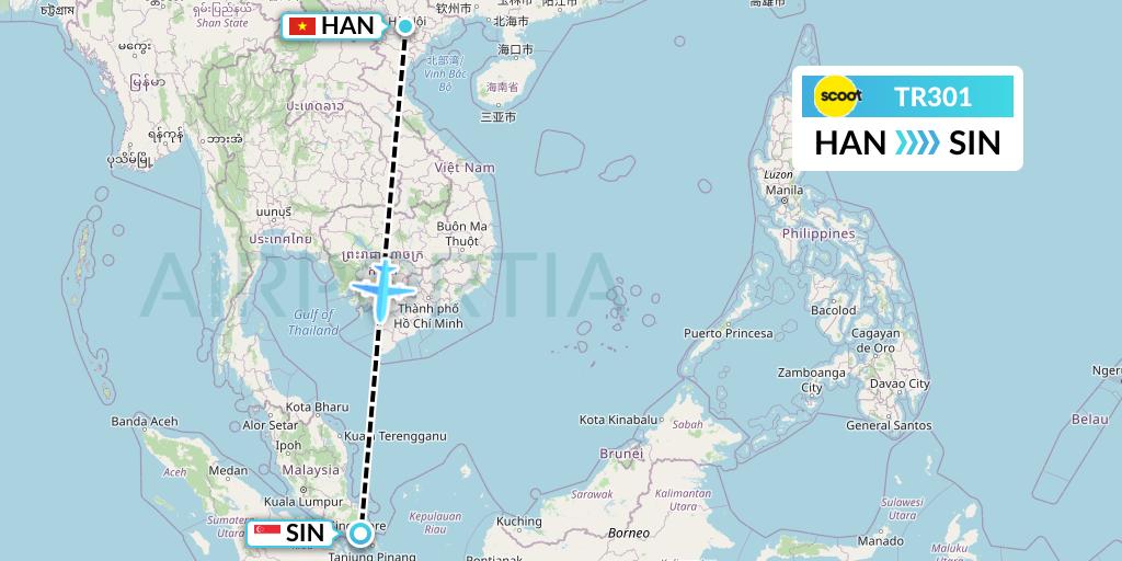 TR301 Tigerair Flight Map: Hanoi to Singapore