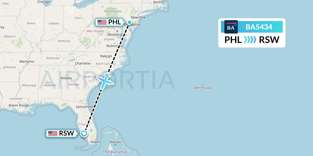 BA5434 British Airways Flight Map: Philadelphia to Fort Myers