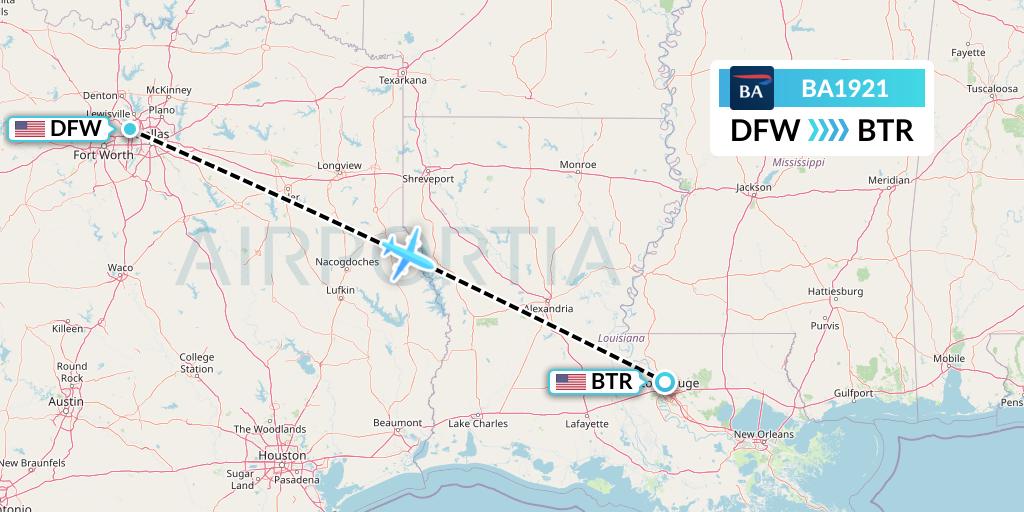 BA1921 British Airways Flight Map: Dallas to Baton Rouge