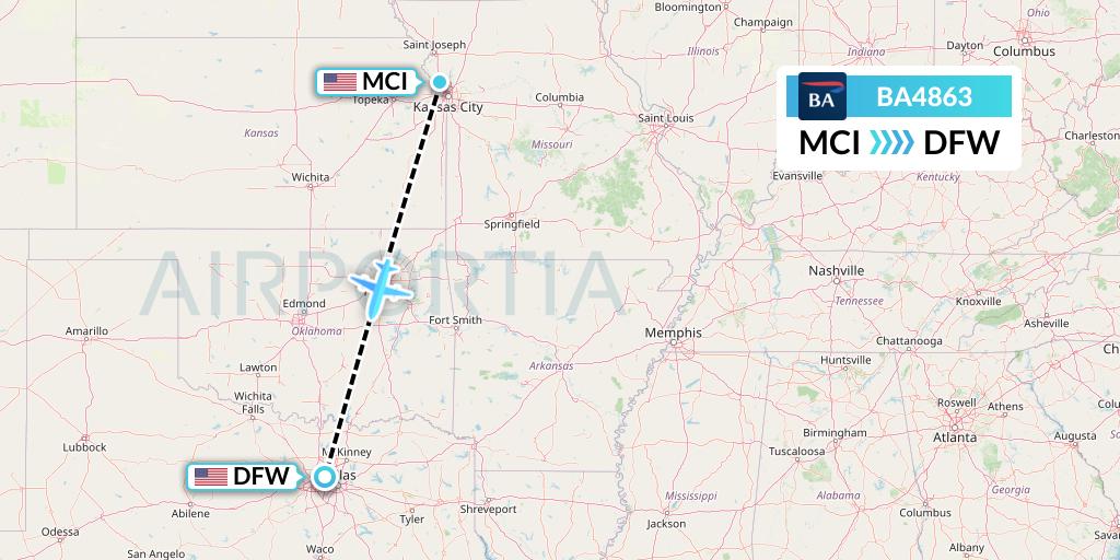 BA4863 British Airways Flight Map: Kansas City to Dallas