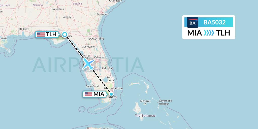 BA5032 British Airways Flight Map: Miami to Tallahassee