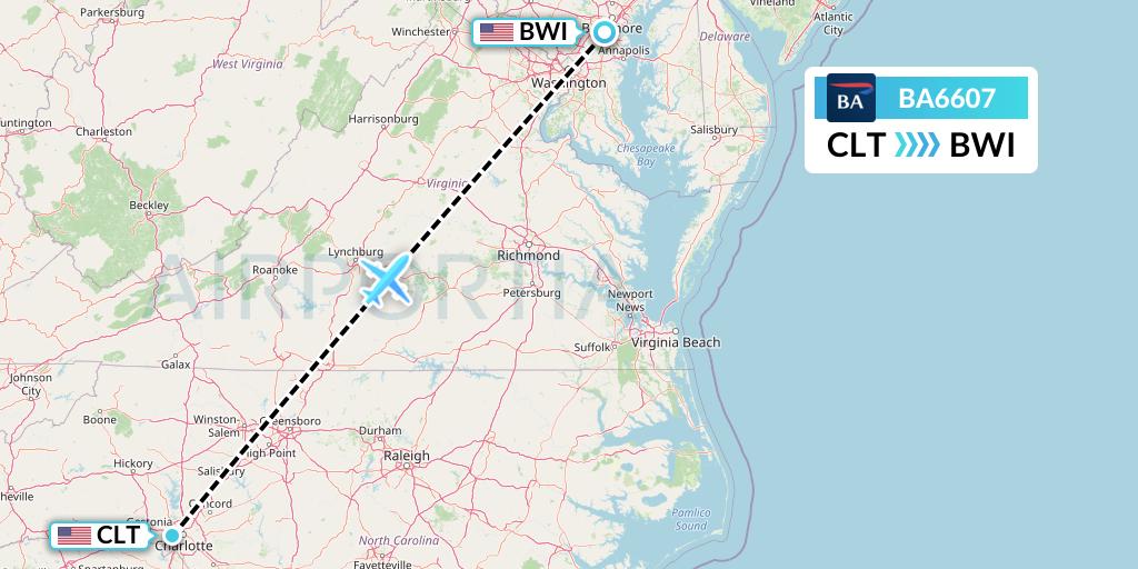 BA6607 British Airways Flight Map: Charlotte to Baltimore