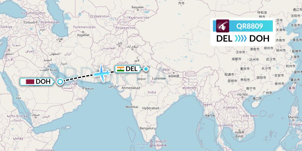 QR8809 Qatar Airways Flight Map: Delhi to Doha