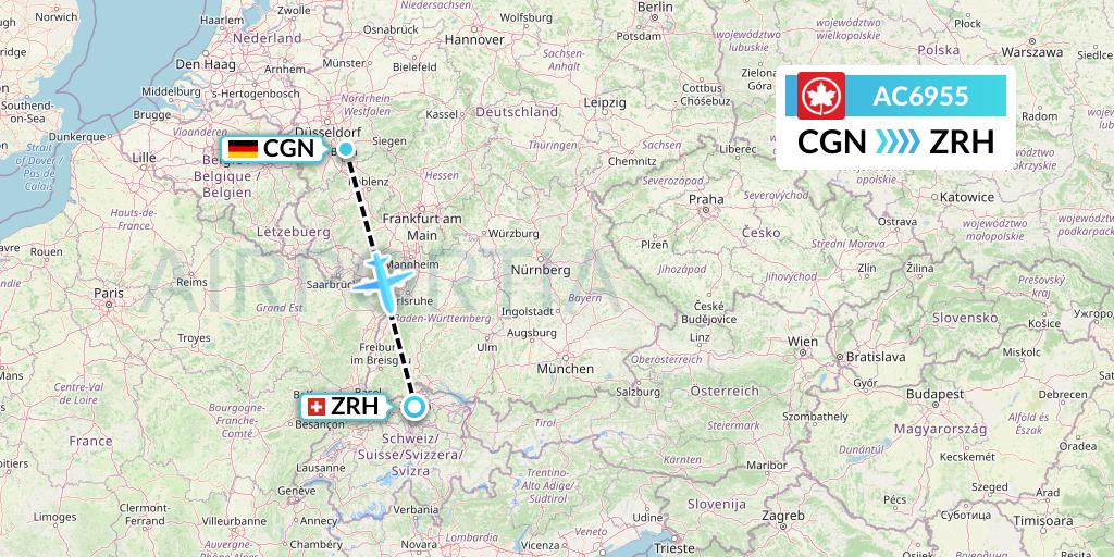 AC6955 Air Canada Flight Map: Cologne to Zurich