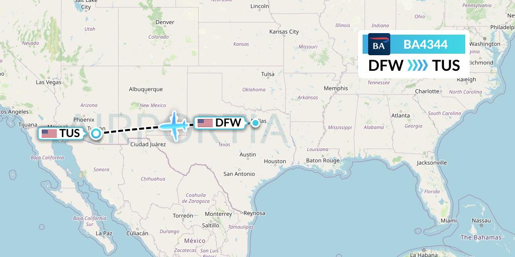 BA4344 British Airways Flight Map: Dallas to Tucson