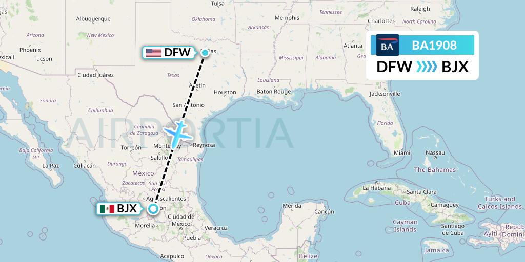 BA1908 British Airways Flight Map: Dallas to Silao