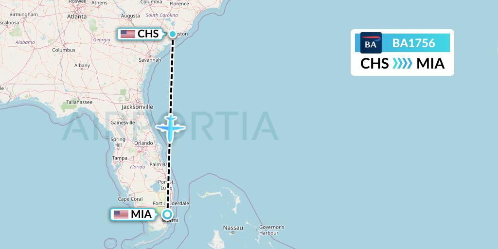 BA1756 British Airways Flight Map: Charleston to Miami