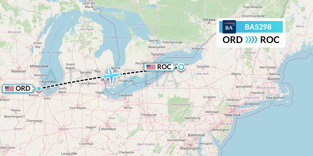 BA5298 British Airways Flight Map: Chicago to Rochester