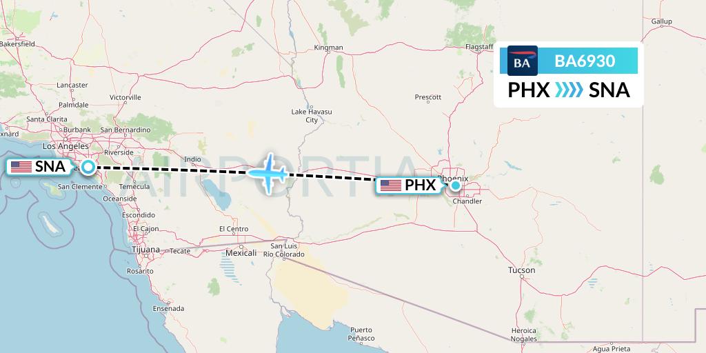 BA6930 British Airways Flight Map: Phoenix to Orange County
