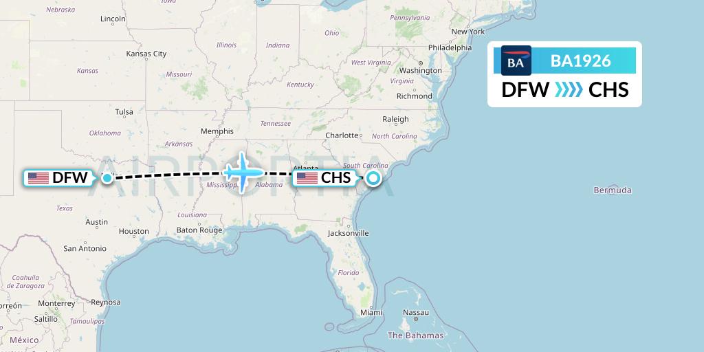 BA1926 British Airways Flight Map: Dallas to Charleston