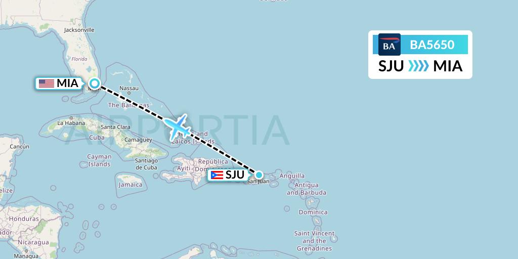 BA5650 British Airways Flight Map: San Juan to Miami
