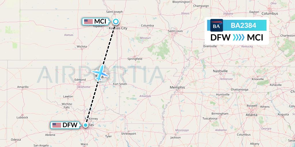 BA2384 British Airways Flight Map: Dallas to Kansas City