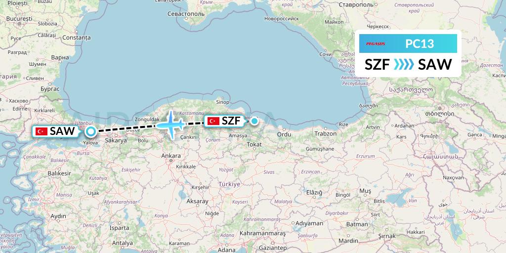PC13 Pegasus Airlines Flight Map: Samsun to Istanbul