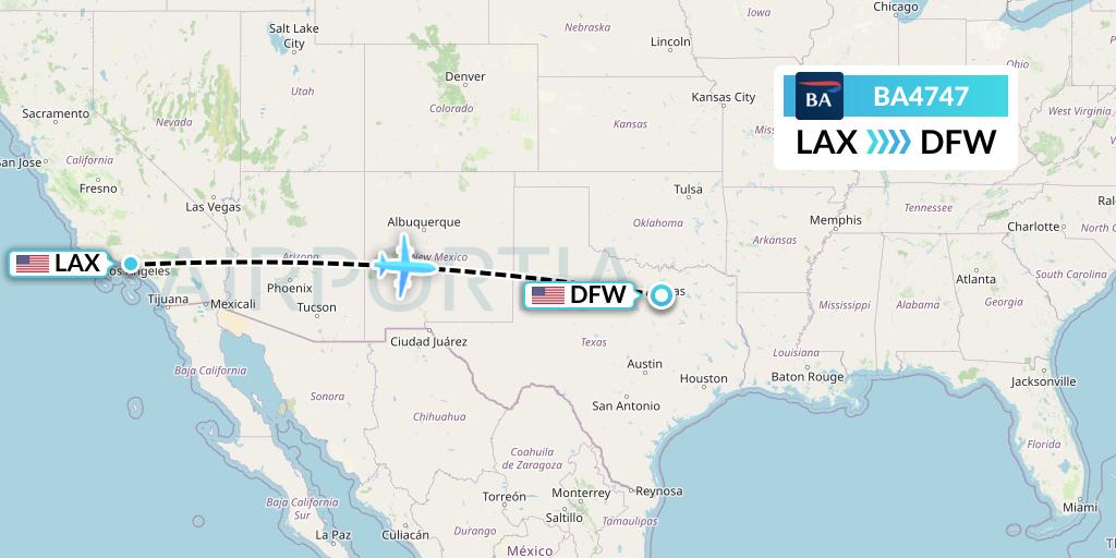 BA4747 British Airways Flight Map: Los Angeles to Dallas