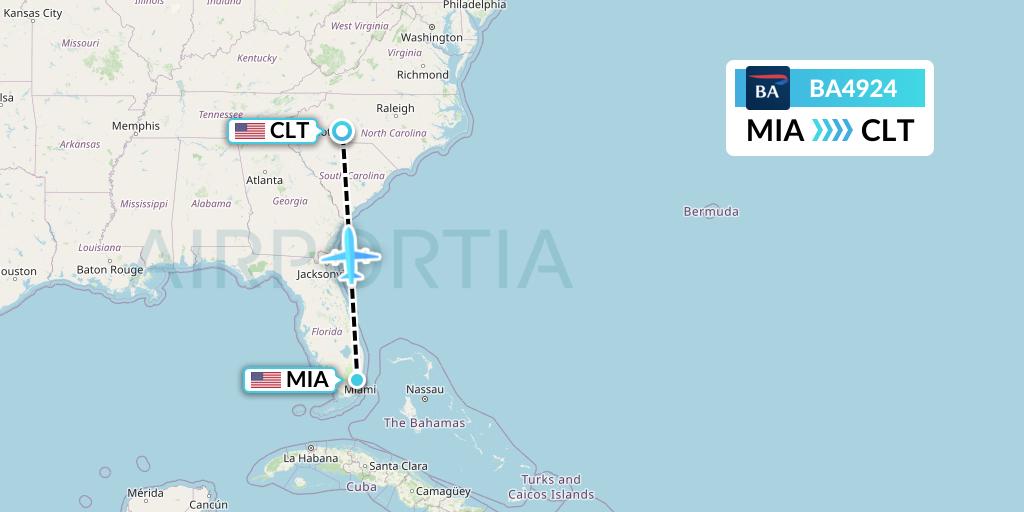 BA4924 British Airways Flight Map: Miami to Charlotte