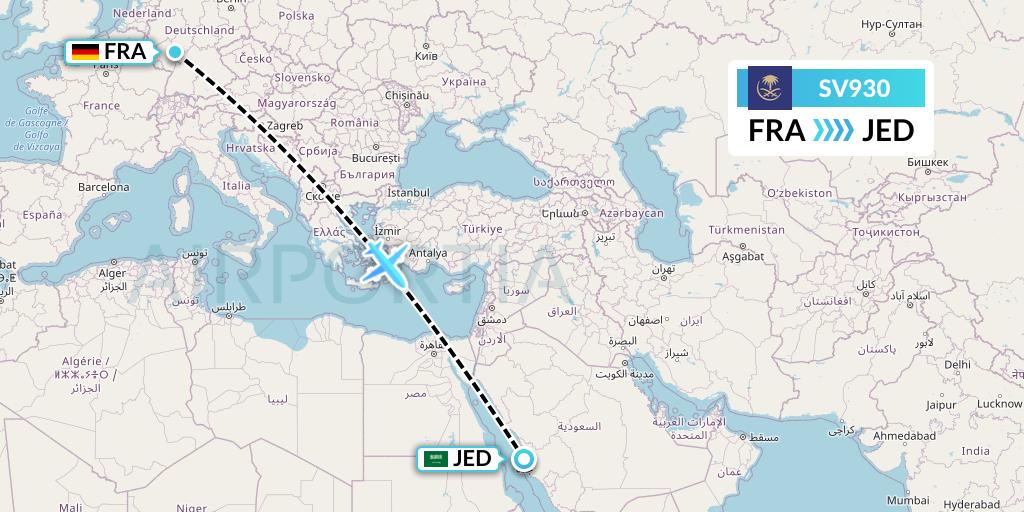 SV930 Saudi Arabian Airlines Flight Map: Frankfurt to Jeddah