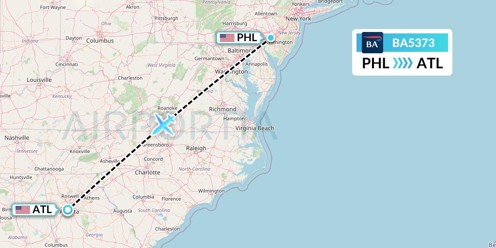 BA5373 British Airways Flight Map: Philadelphia to Atlanta