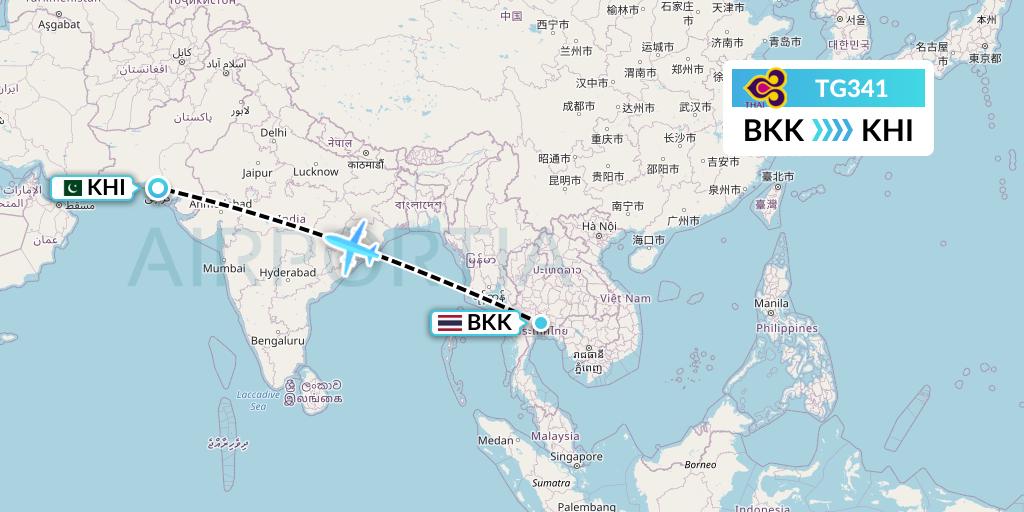 TG341 Thai Airways Flight Map: Bangkok to Karachi