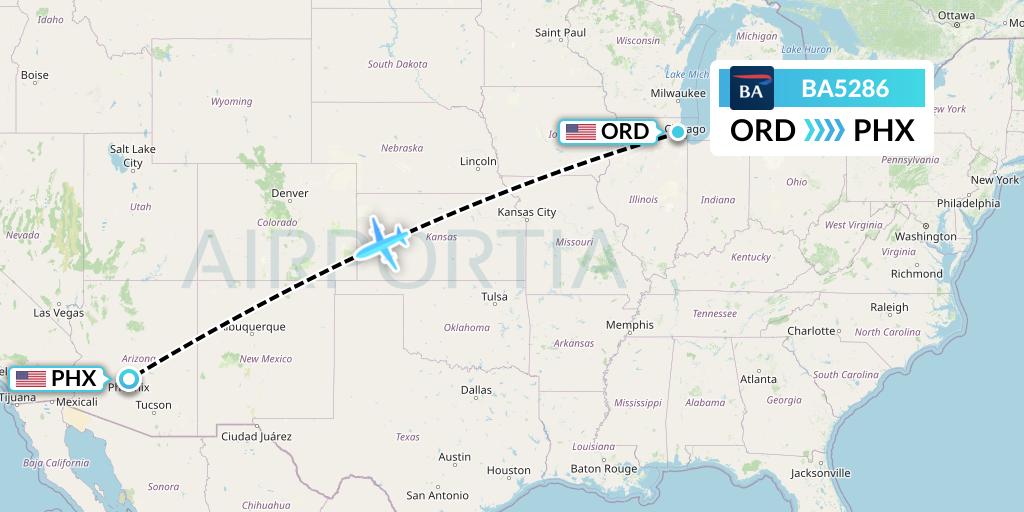 BA5286 British Airways Flight Map: Chicago to Phoenix