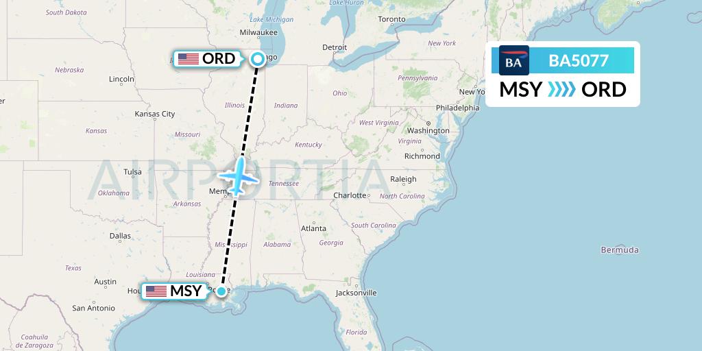 BA5077 British Airways Flight Map: New Orleans to Chicago