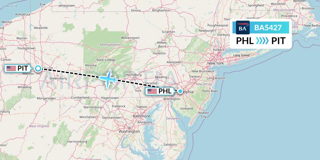 BA5427 British Airways Flight Map: Philadelphia to Pittsburgh