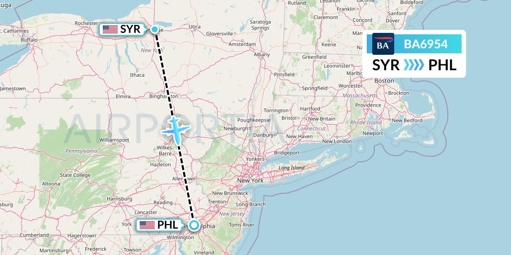 BA6954 British Airways Flight Map: Syracuse to Philadelphia
