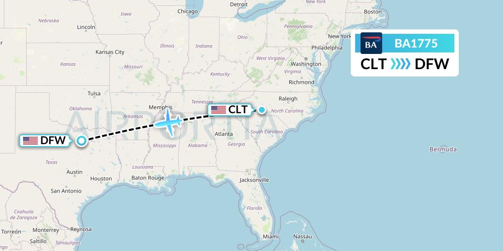 BA1775 British Airways Flight Map: Charlotte to Dallas