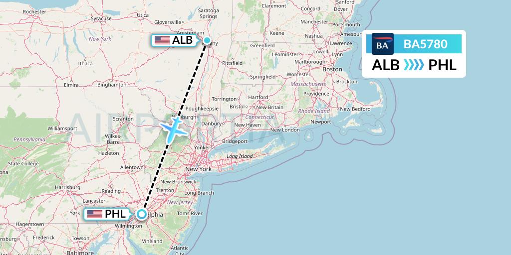 BA5780 British Airways Flight Map: Albany to Philadelphia