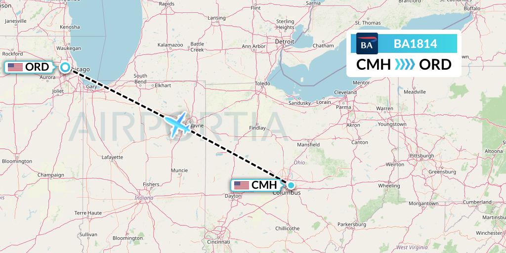 BA1814 British Airways Flight Map: Columbus to Chicago