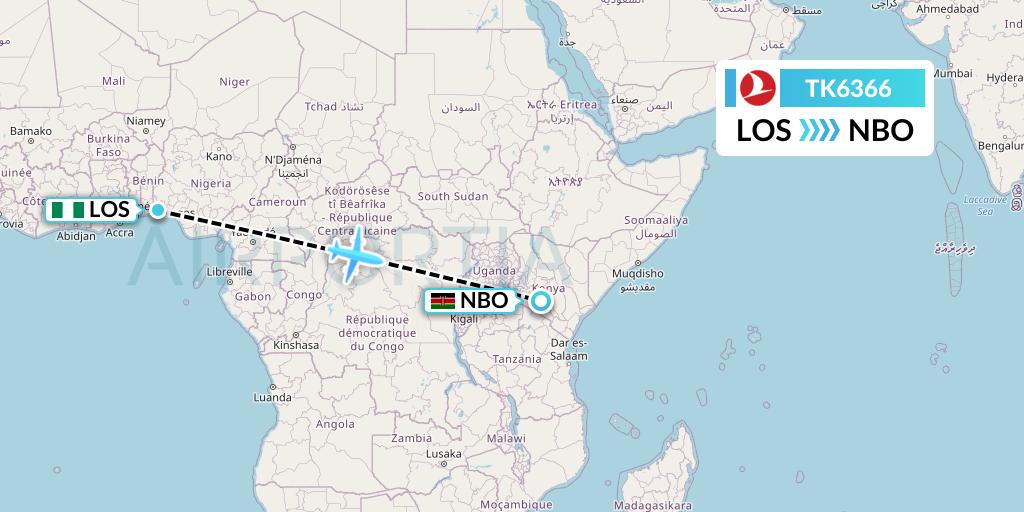 TK6366 Turkish Airlines Flight Map: Lagos to Nairobi