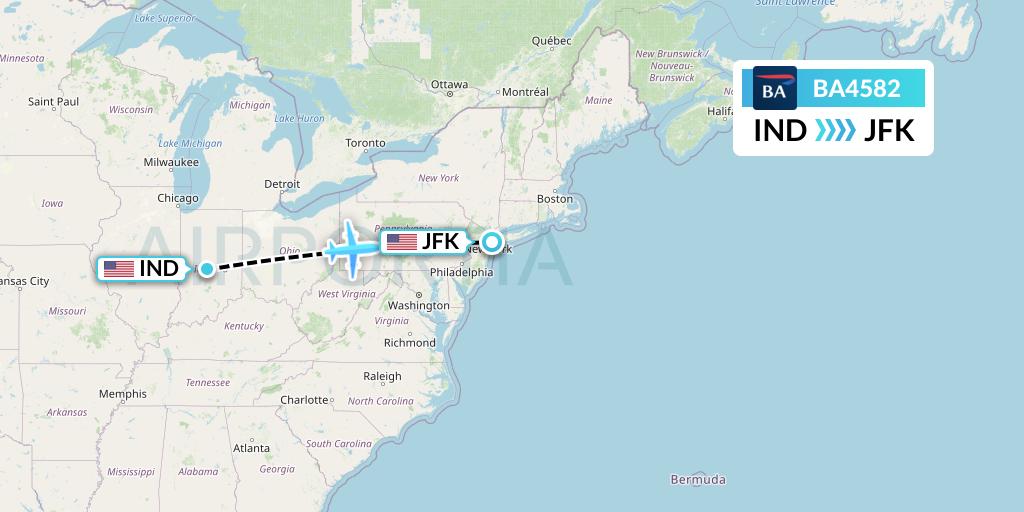BA4582 British Airways Flight Map: Indianapolis to New York