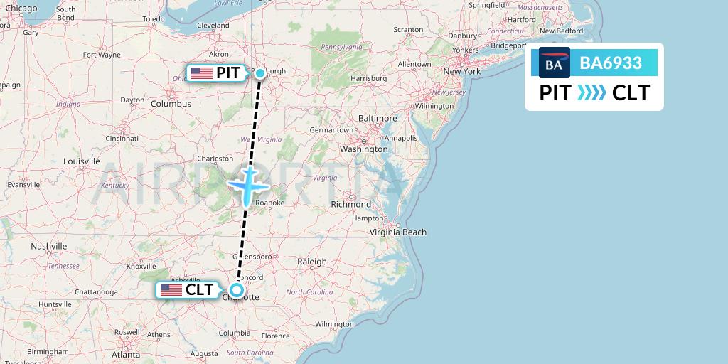 BA6933 British Airways Flight Map: Pittsburgh to Charlotte