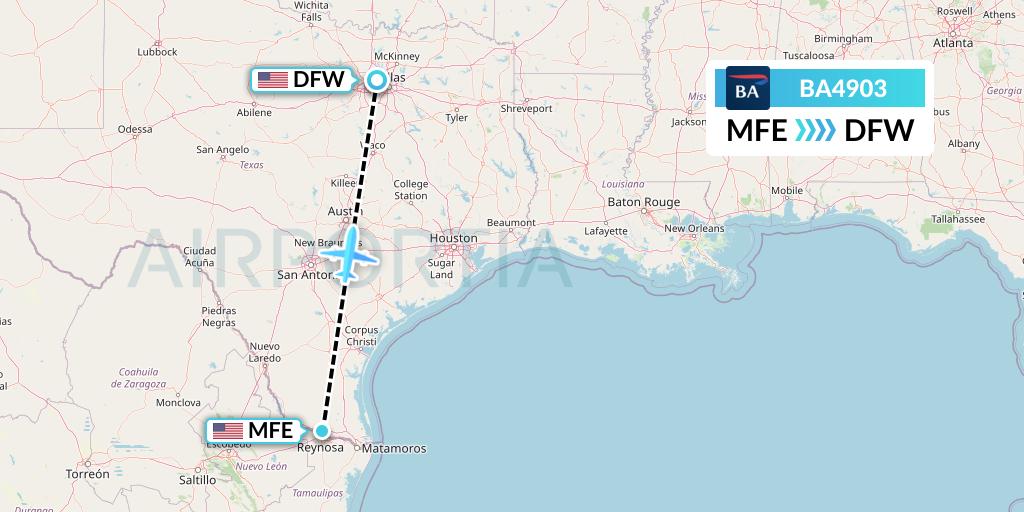 BA4903 British Airways Flight Map: McAllen to Dallas