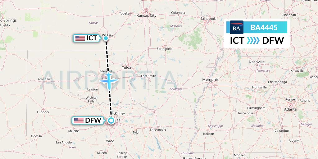BA4445 British Airways Flight Map: Wichita to Dallas