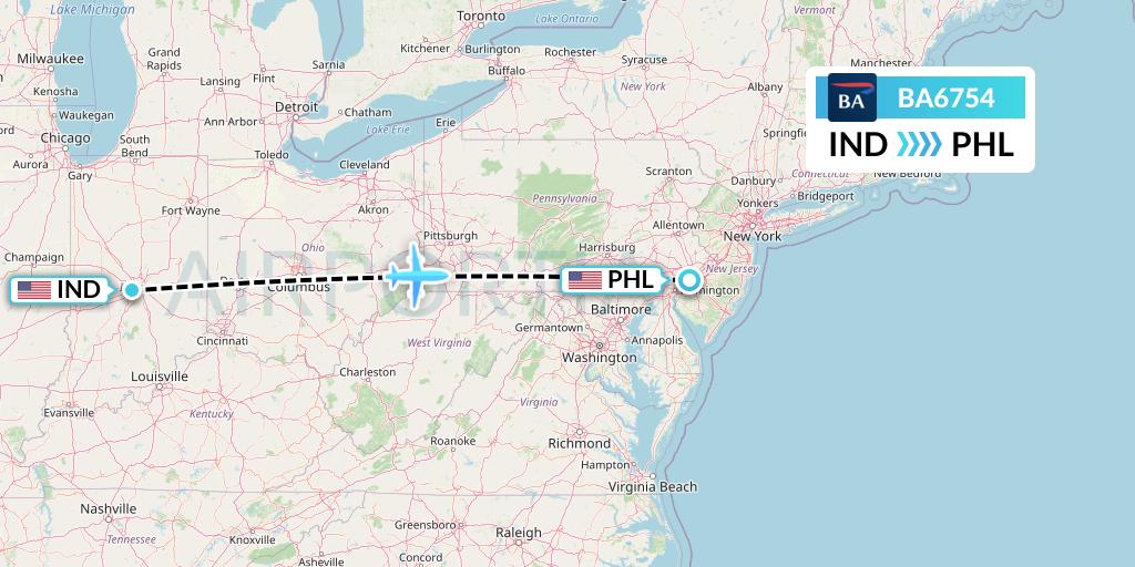 BA6754 British Airways Flight Map: Indianapolis to Philadelphia