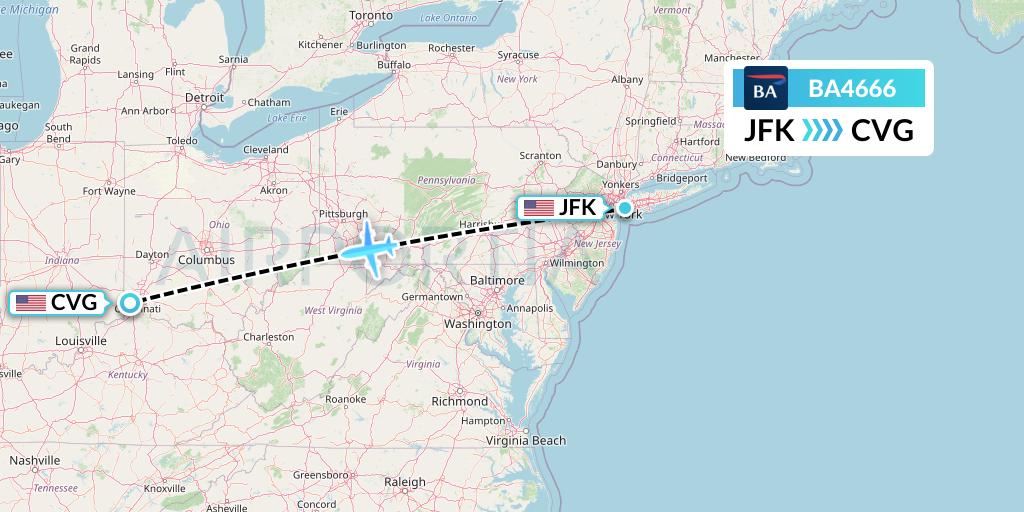 BA4666 British Airways Flight Map: New York to Cincinnati