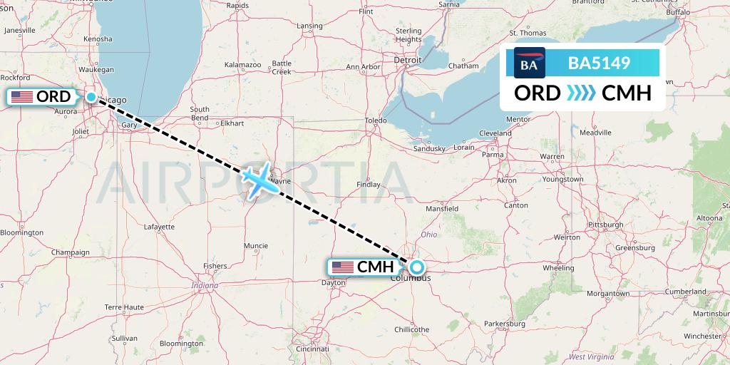 BA5149 British Airways Flight Map: Chicago to Columbus
