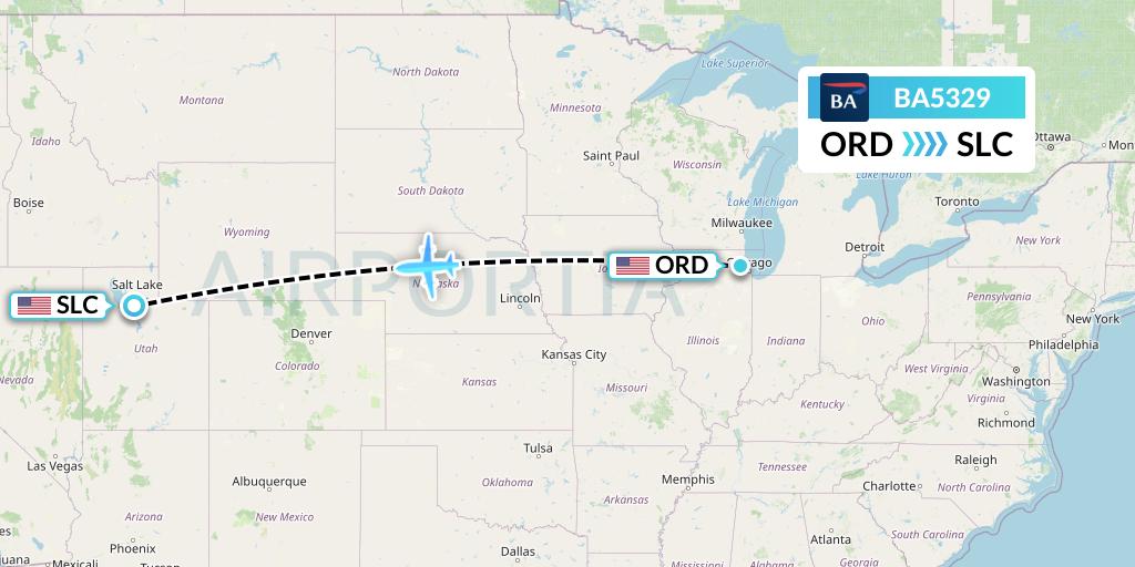 BA5329 British Airways Flight Map: Chicago to Salt Lake City