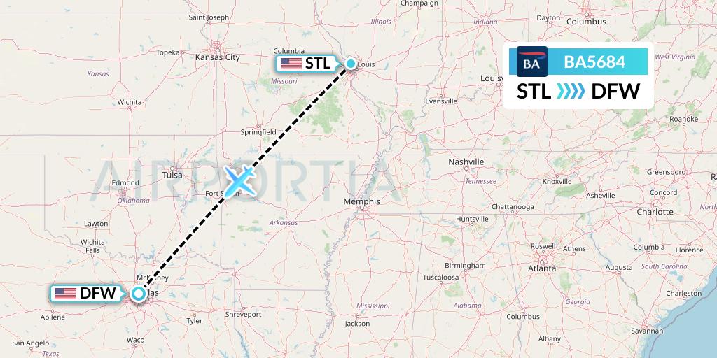 BA5684 British Airways Flight Map: St. Louis to Dallas
