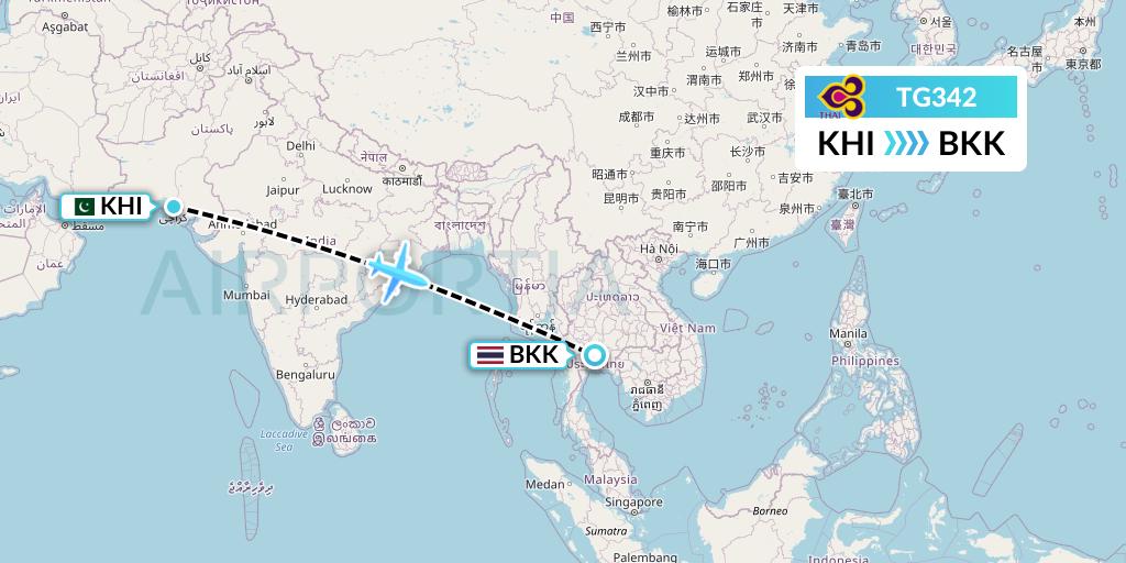 TG342 Thai Airways Flight Map: Karachi to Bangkok