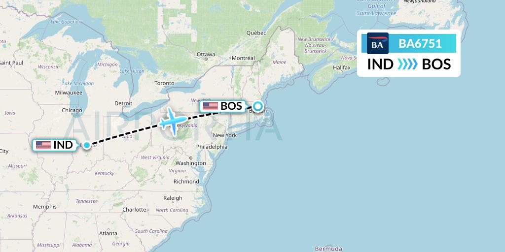 BA6751 British Airways Flight Map: Indianapolis to Boston