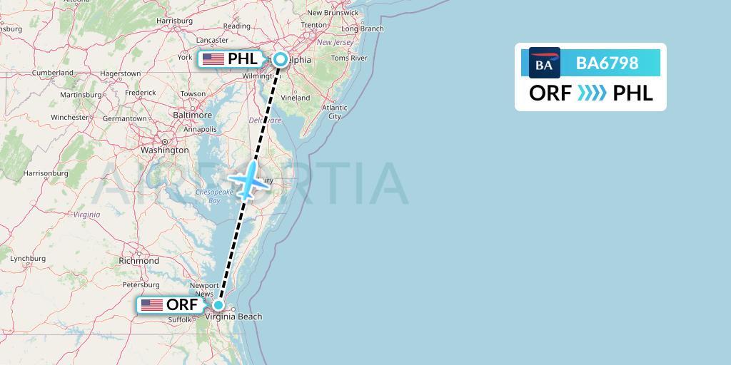 BA6798 British Airways Flight Map: Norfolk to Philadelphia