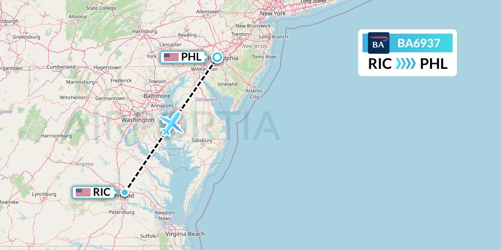 BA6937 British Airways Flight Map: Richmond to Philadelphia