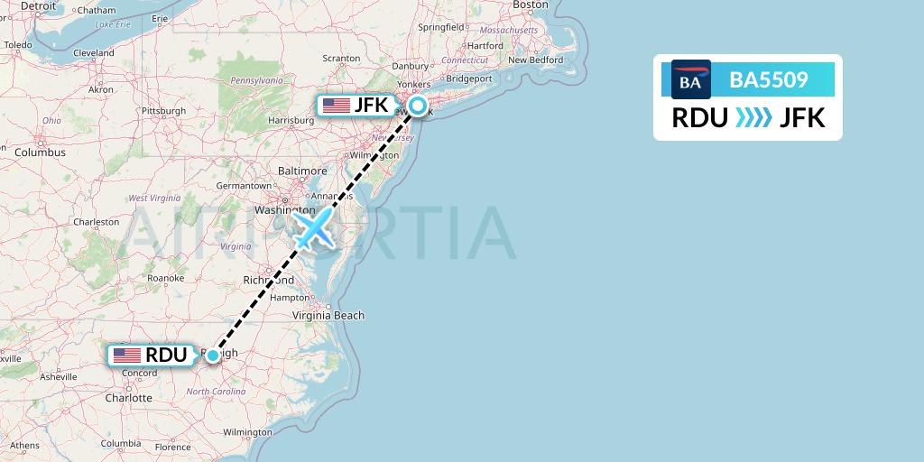 BA5509 British Airways Flight Map: Raleigh-Durham to New York