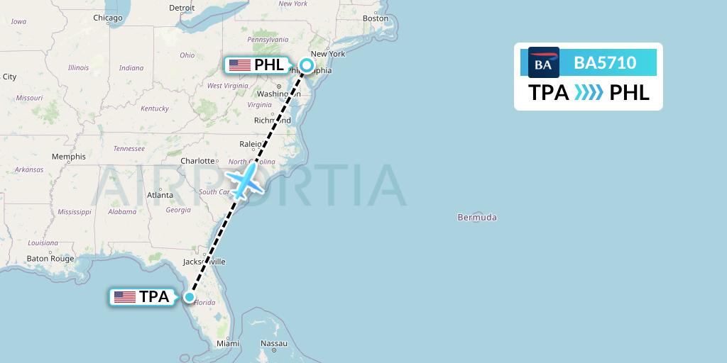 BA5710 British Airways Flight Map: Tampa to Philadelphia
