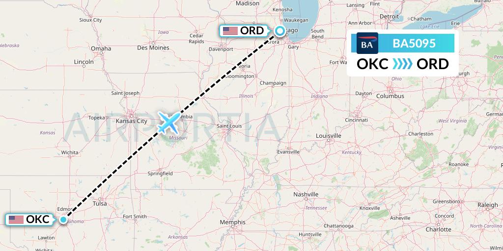 BA5095 British Airways Flight Map: Oklahoma City to Chicago