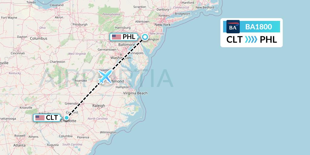 BA1800 British Airways Flight Map: Charlotte to Philadelphia