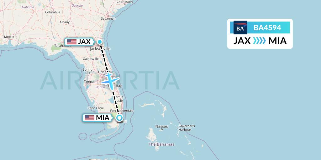 BA4594 British Airways Flight Map: Jacksonville to Miami