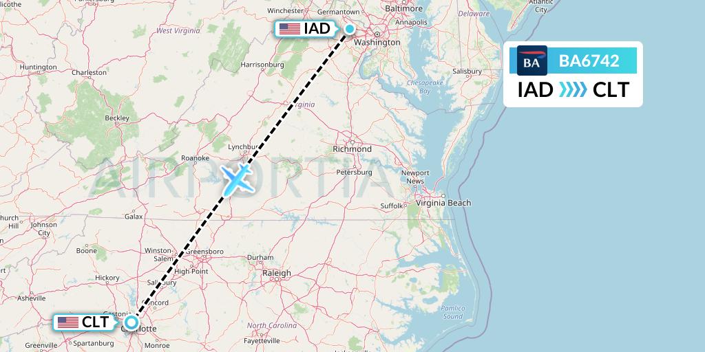 BA6742 British Airways Flight Map: Washington to Charlotte